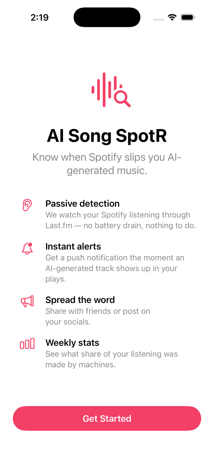AI Song SpotR welcome screen: passive detection, instant alerts, weekly stats